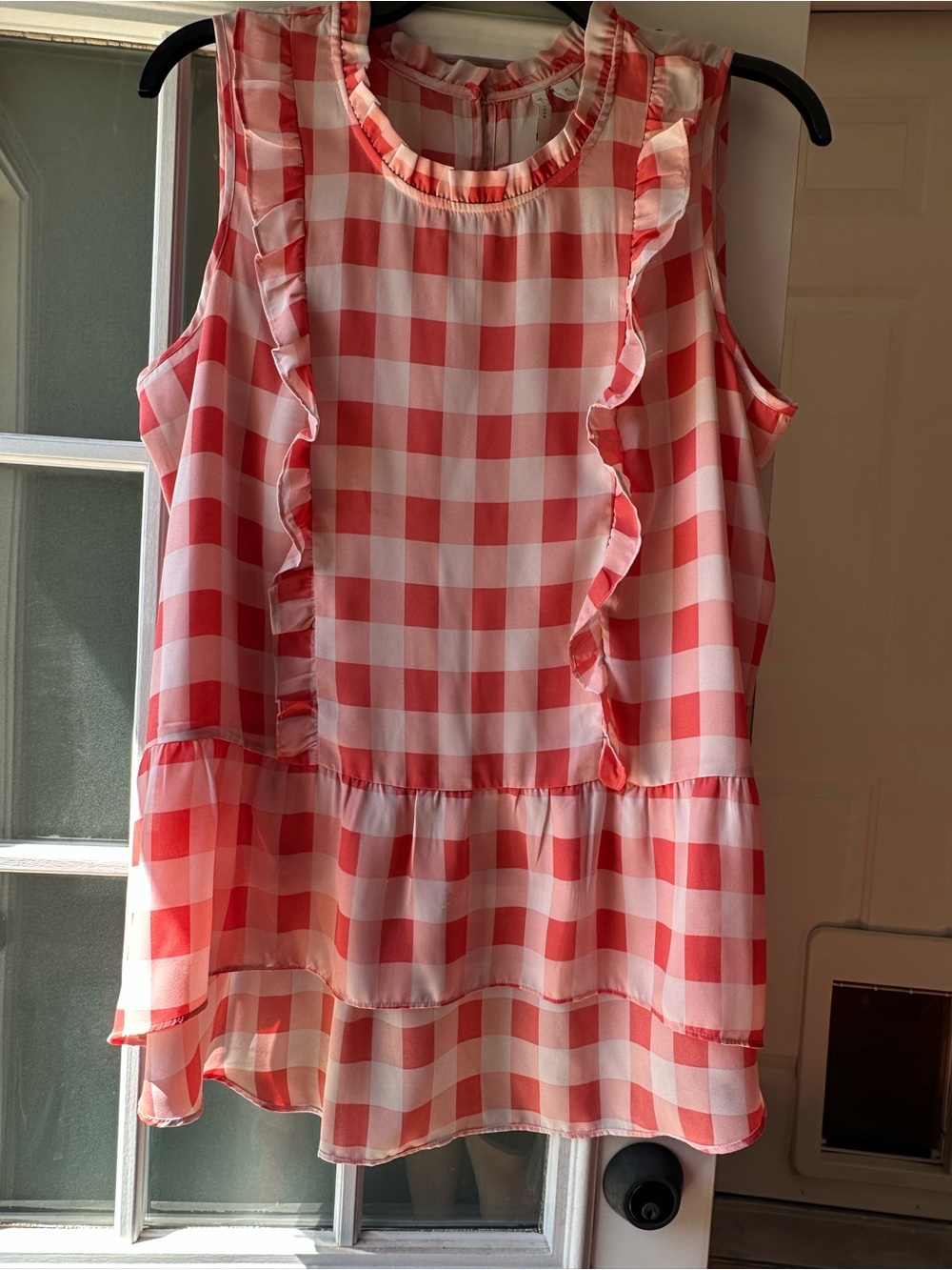 Coral and White Gingham Ruffle Sleeveless Top